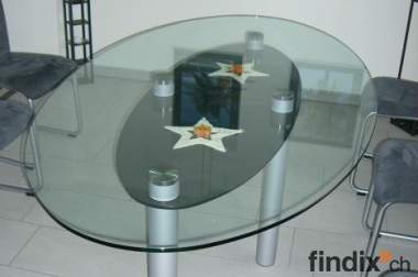 Esstisch Murano oval / 110x200cm / Klarglas-Buntglas