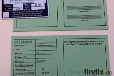 Simson S 50,  S50, Blanko Betriebserlaubnis BE ABE & 