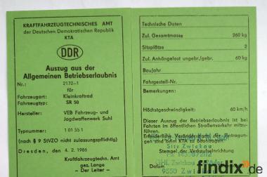 Simson SR50 SR 50 Blanko Betriebserlaubnis BE, 